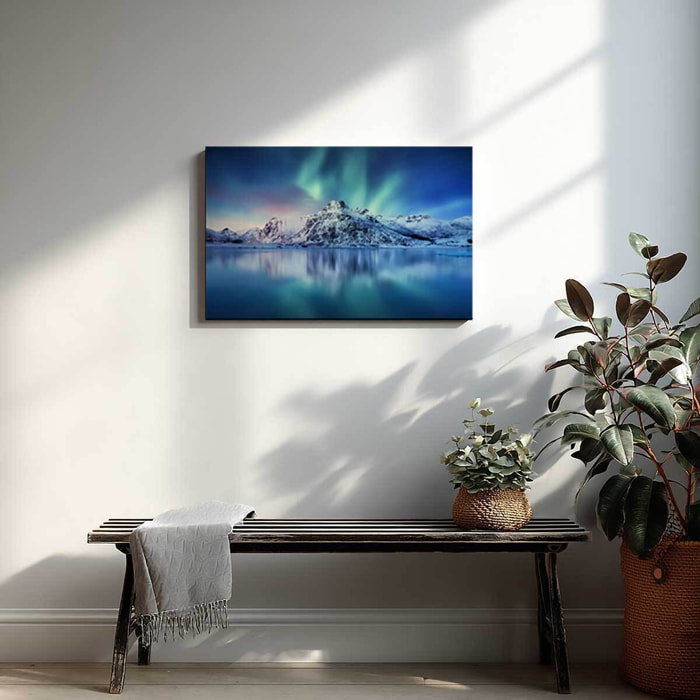 Tableau aurores boréales sur lac de montagne gelé Toile imprimée