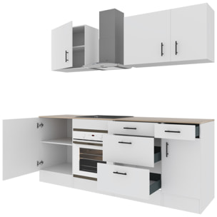 Cucina Componibile Completa Da 220 Cm Moderna con Cassetti Ammortizzati Piedini Regolabili Moduli Pensili Facile Da Installare Bianco Lucido e Rovere