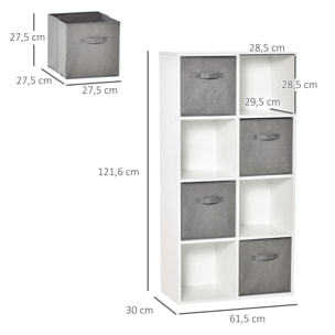 Estantería para Libros de 8 Cubos Librería Modular con 4 Cajones Extraíbles de Tela no Tejida para Oficina Estudio Dormitorio 61,5x30x121,6 cm Blanco y Gris