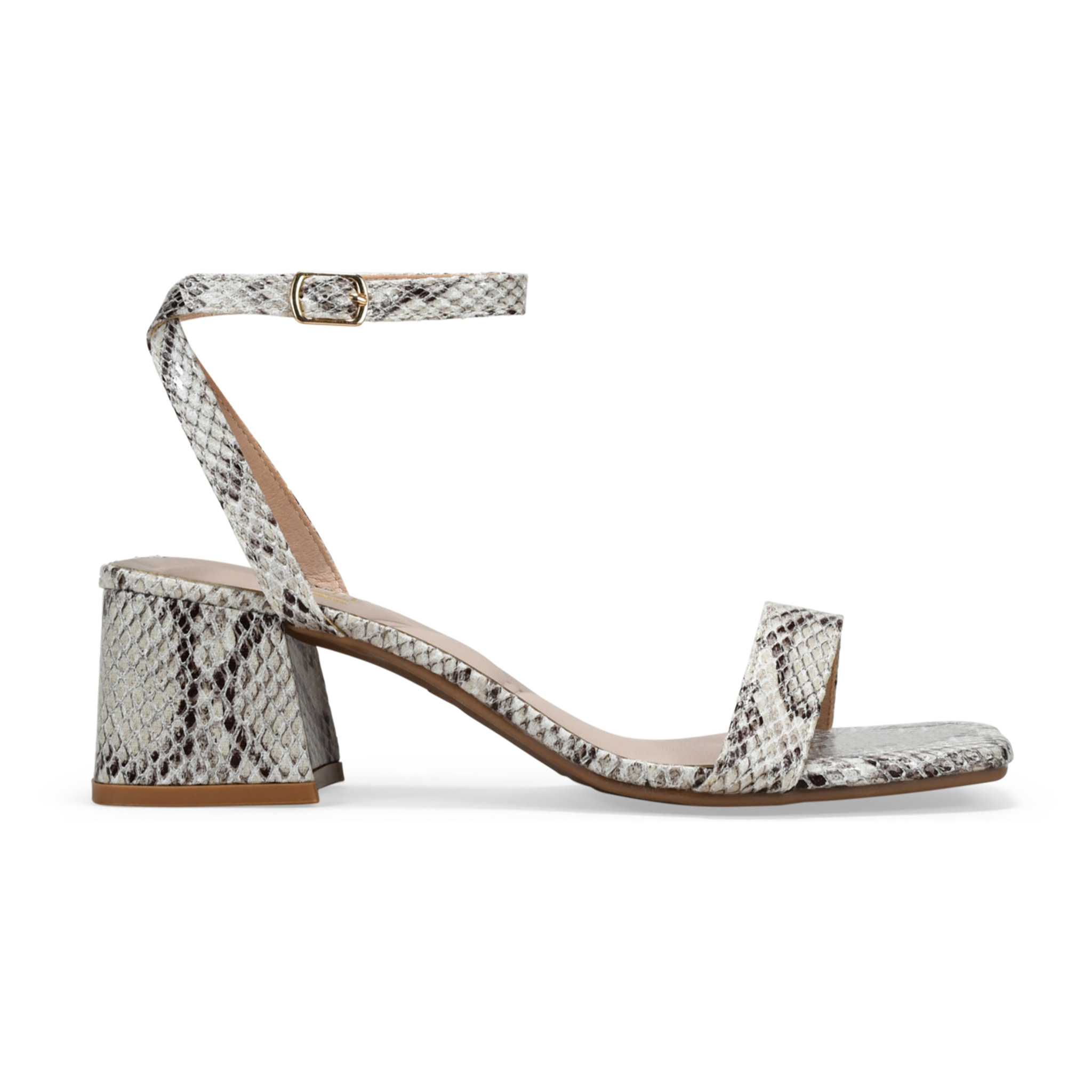 Sandalias de tacón estampado serpiente con hebilla