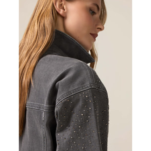 Oltre - Chaqueta corta de mezclilla con strass aplicados - Gris