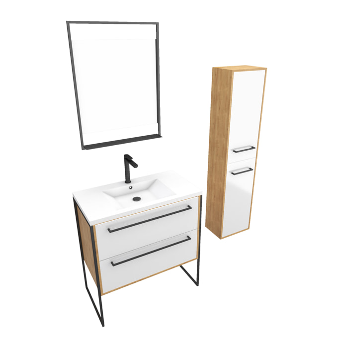 Meuble Salle de Bains 80 cm, Vasque Blanche, Miroir Led et Colonne - Chêne et Blanc - STRUCTURA
