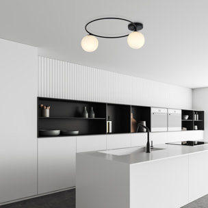 Lampada da soffitto SOPRA con struttura in acciaio nero e sfere in vetro opale
