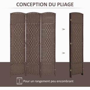 Paravent intérieur 3 panneaux pliables en bois séparateur de pièce style bohème tissé chocolat