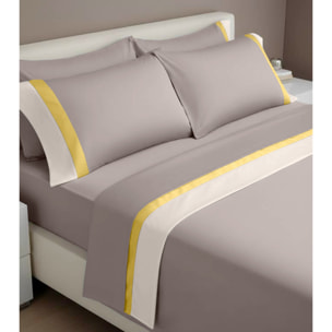 Completo letto doppia balza RASO IPERSAN Puro Cotone Panna/Ocra fondo Tortora