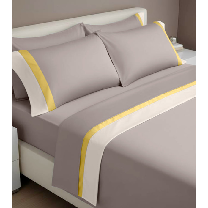 Completo letto doppia balza RASO IPERSAN Puro Cotone Panna/Ocra fondo Tortora