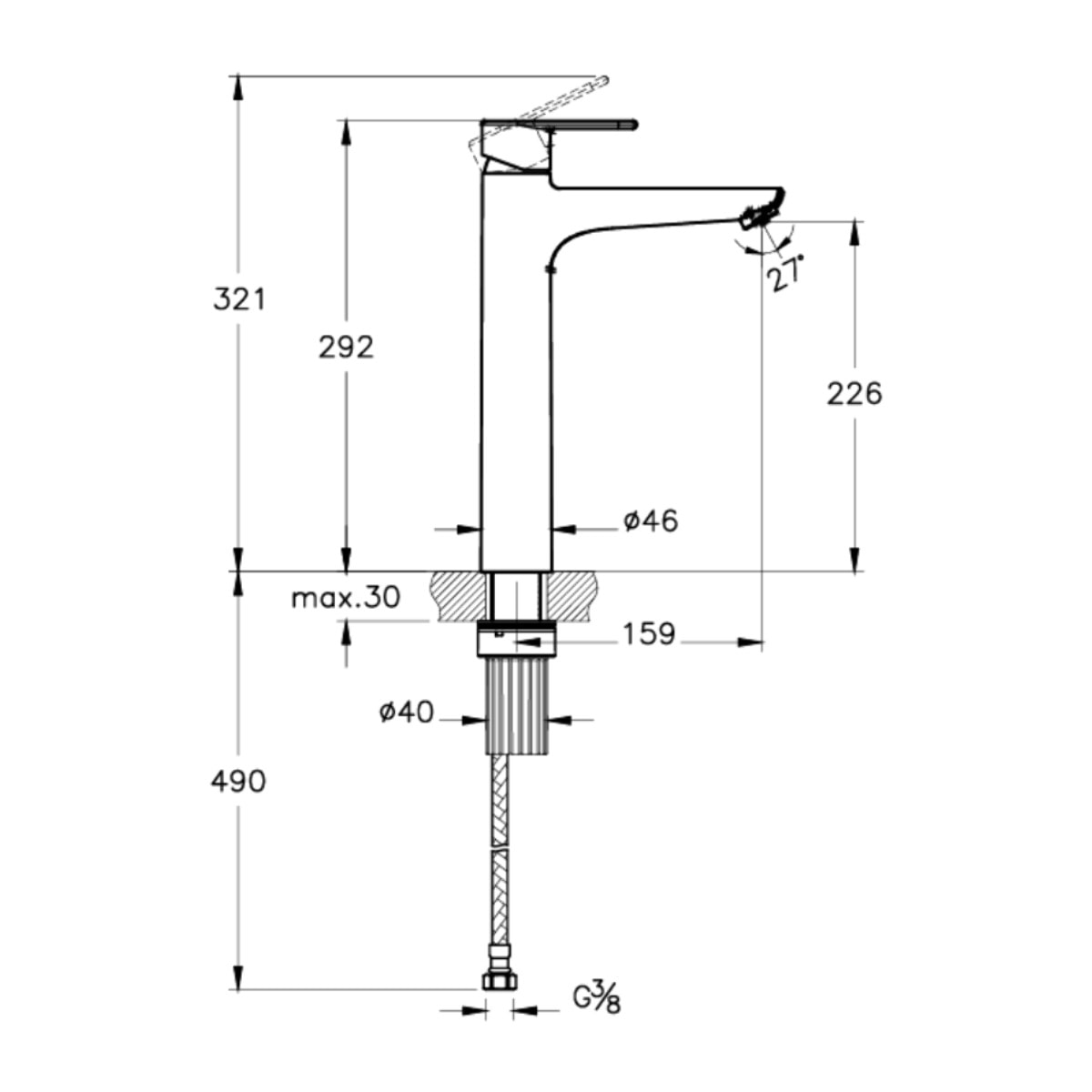 Flow mitigeur lavabo XL 29,2 cm, à levier, sans vidage, chrome (A43014)