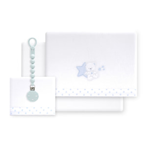 Triptico Cuna Coralina Modelo Osito Sentado + Broche Bco/Azul