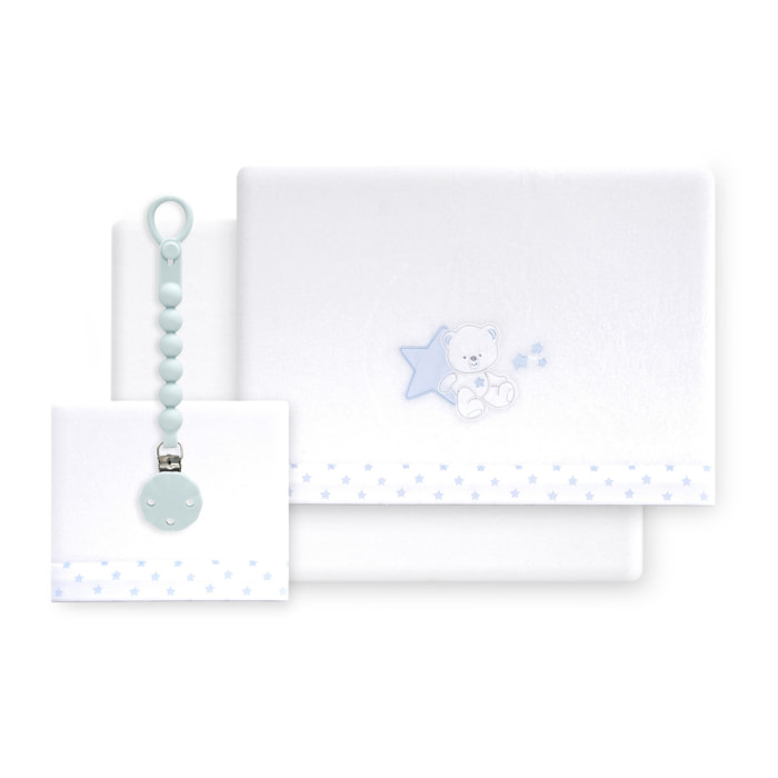 Triptico Cuna Coralina Modelo Osito Sentado + Broche Bco/Azul