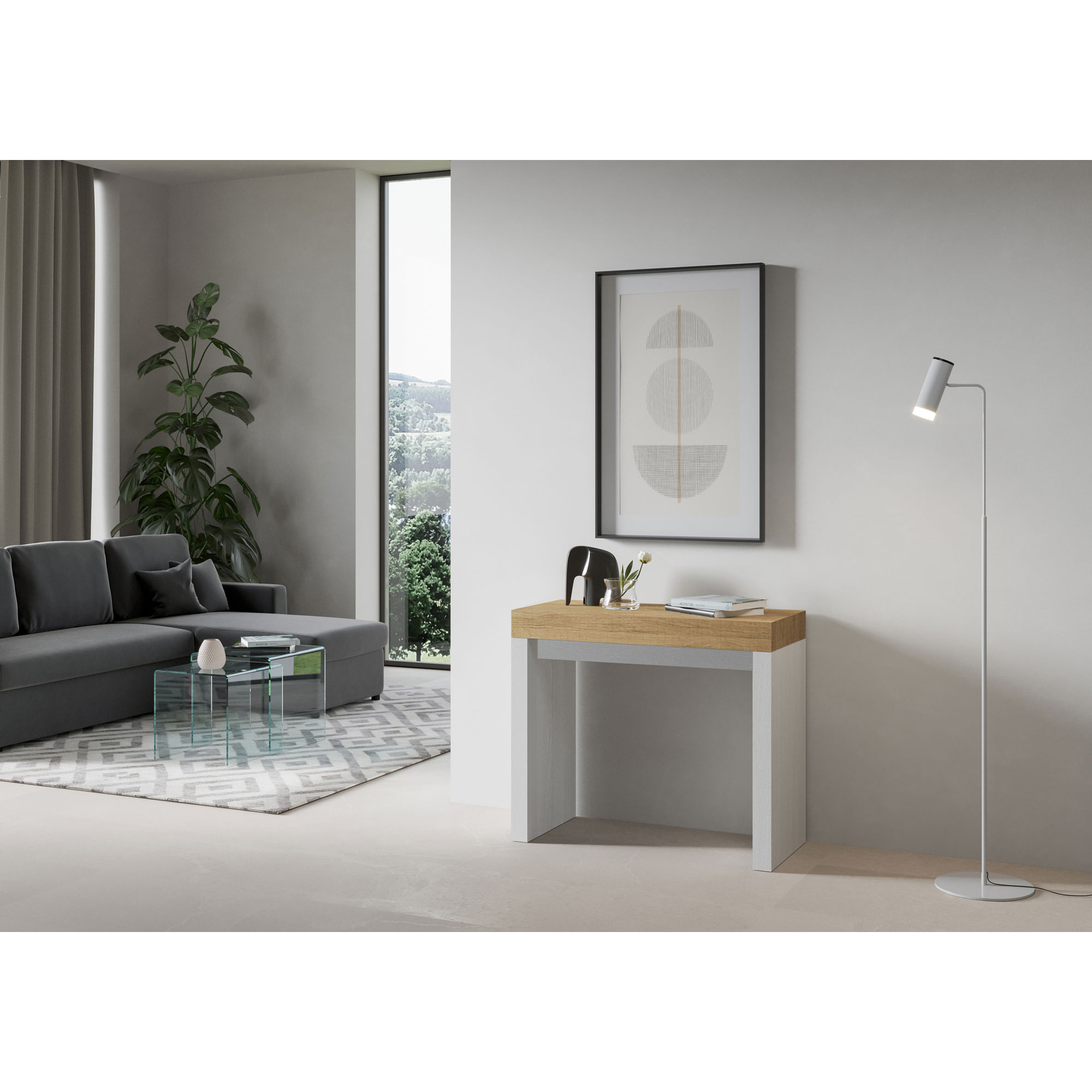 Console Roxell Small cm.90x42 (extensible à 196) dessus Chêne Nature structure Frêne Blanc