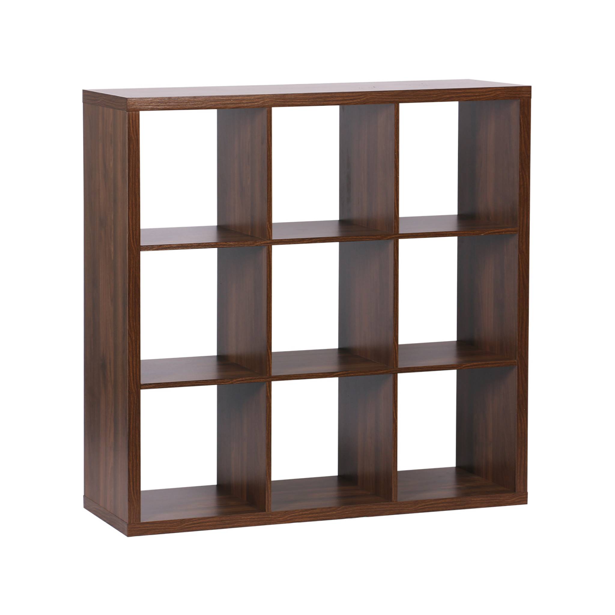 Etagère bibliothèque cubique 3 niveaux 9 compartiments. casiers. effet bois de noyer. L 111.2 x P 39 x H 111.2cm