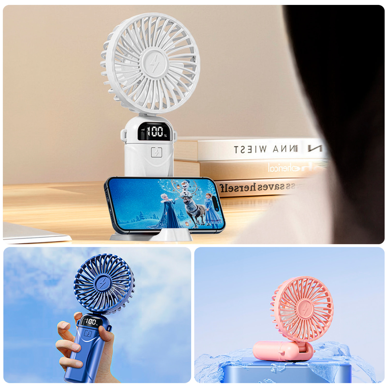 Ventilador portátil A18. Con pantalla LED, 5 velocidades, giro con ángulo ajustable de 90°, batería recargable y soporte para móvil.