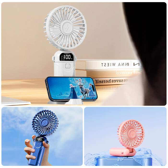 Ventilador portátil A18. Con pantalla LED, 5 velocidades, giro con ángulo ajustable de 90°, batería recargable y soporte para móvil.