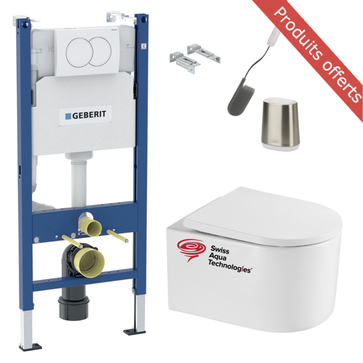 Pack WC Bâti support + WC sans bride SAT Delano + Abattant softclose + Plaque + Brosse Joseph Joseph OFFERTE