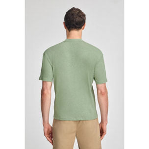 Camiseta verde jade en lino y algodón de cuello redondo y monograma bordado