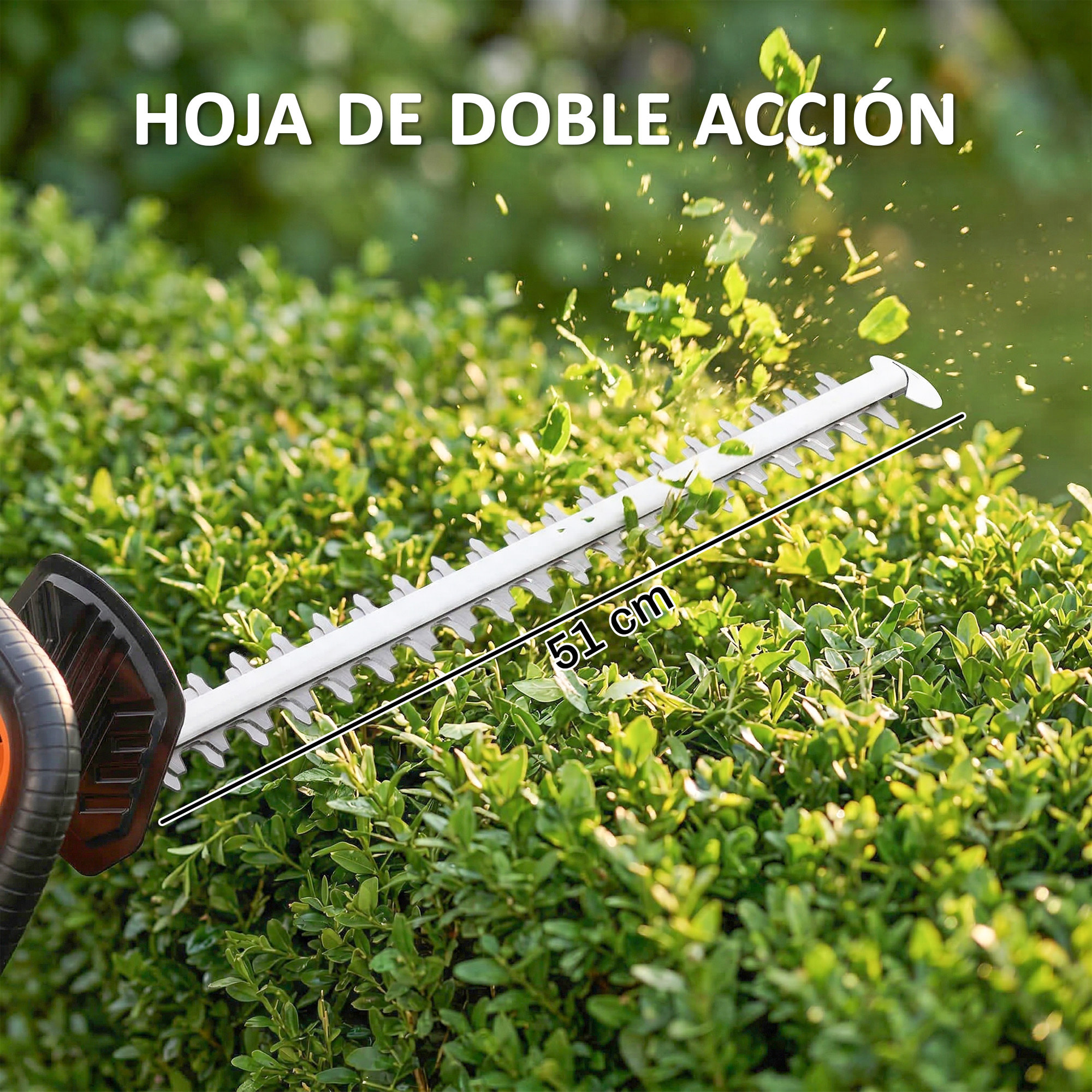 Tijeras Cortasetos Eléctrico, Cortasetos Batería 18V con Batería de 2000mAh, Hoja de Doble Acción de 51 cm, Motor sin Escobillas y Cargador para Setos, Césped, Naranja