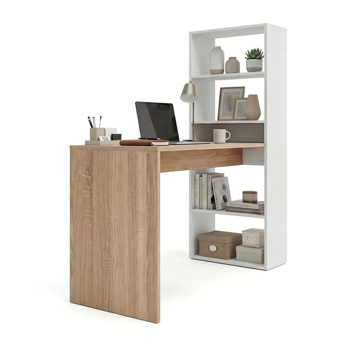 Mesa de escritorio con estantería en blanco artik y roble canadian 120x50 cm Cosmic Blanco Artik (Blanco Mate) - Roble Canadian