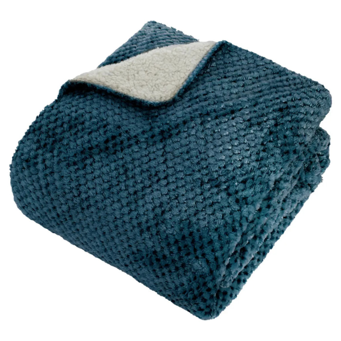Plaid flanelle effet sherpa Lyno bleu 170x130cm