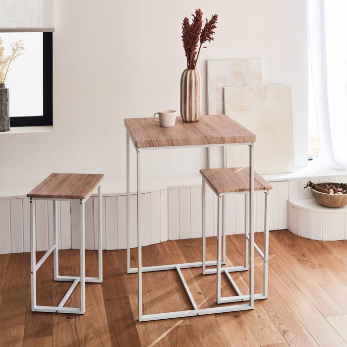 Set table haute carré - Loft - avec 2 tabourets de bar. acier et décor bois. encastrable. design