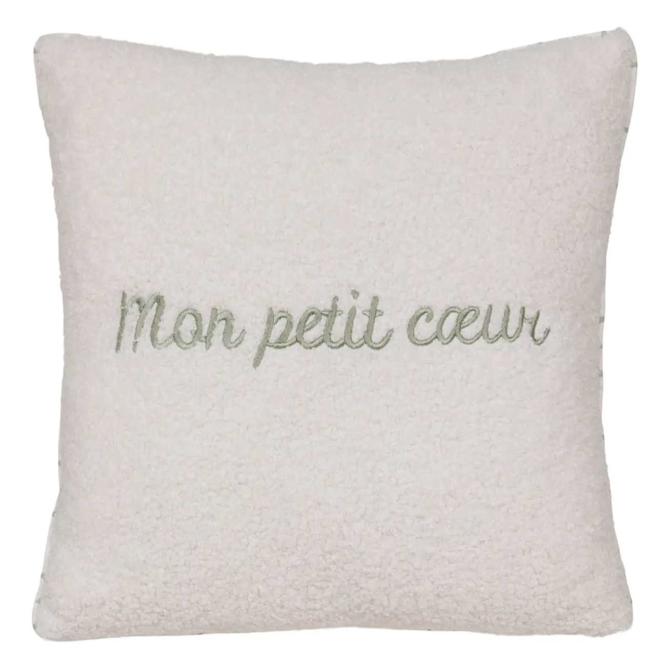 Coussin reversible bouclette/motif coeurs Jaiko 40x40cm blanc et vert
