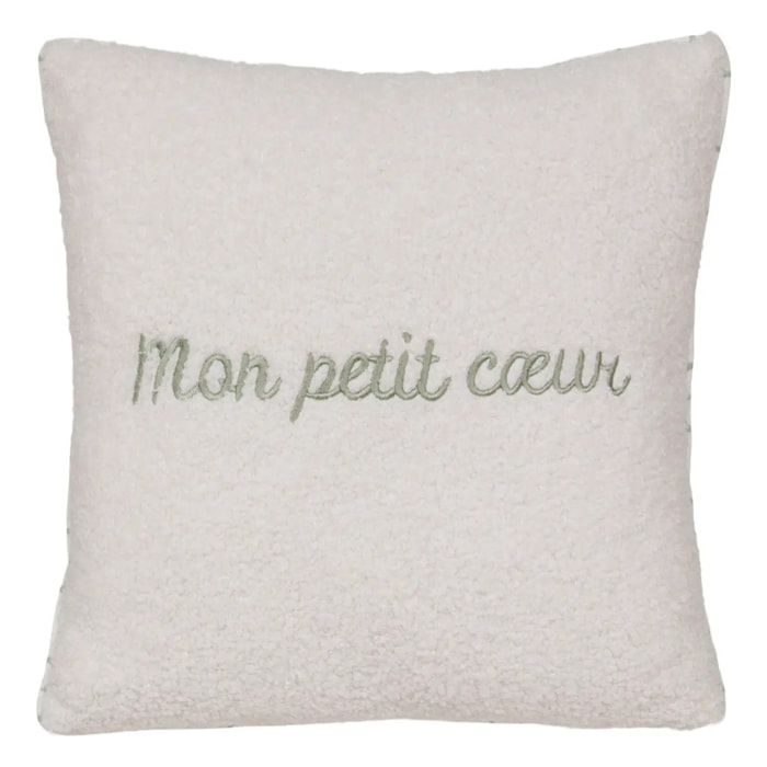 Coussin reversible bouclette/motif coeurs Jaiko 40x40cm blanc et vert