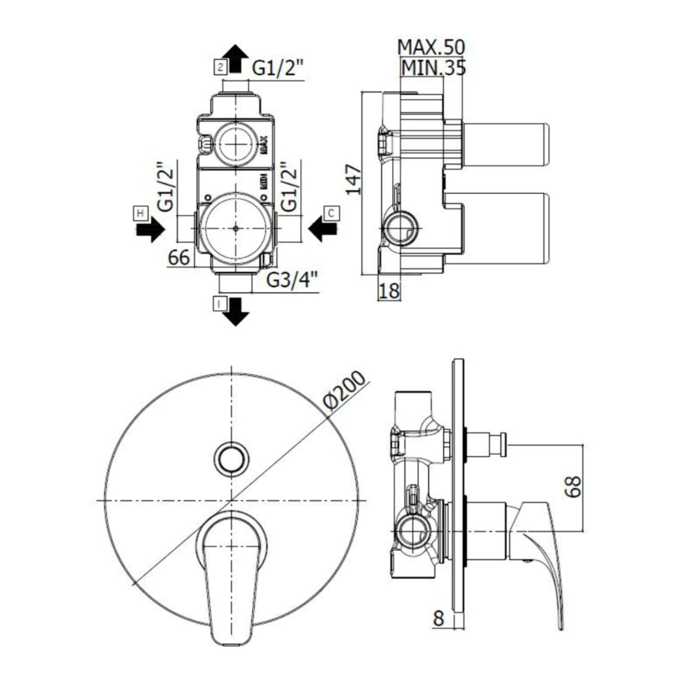 Project mitigeur de baignoire à encastrer à levier, 2 sorties, corps d'encastrement inclus, noir mat (SATBSPRO215C)