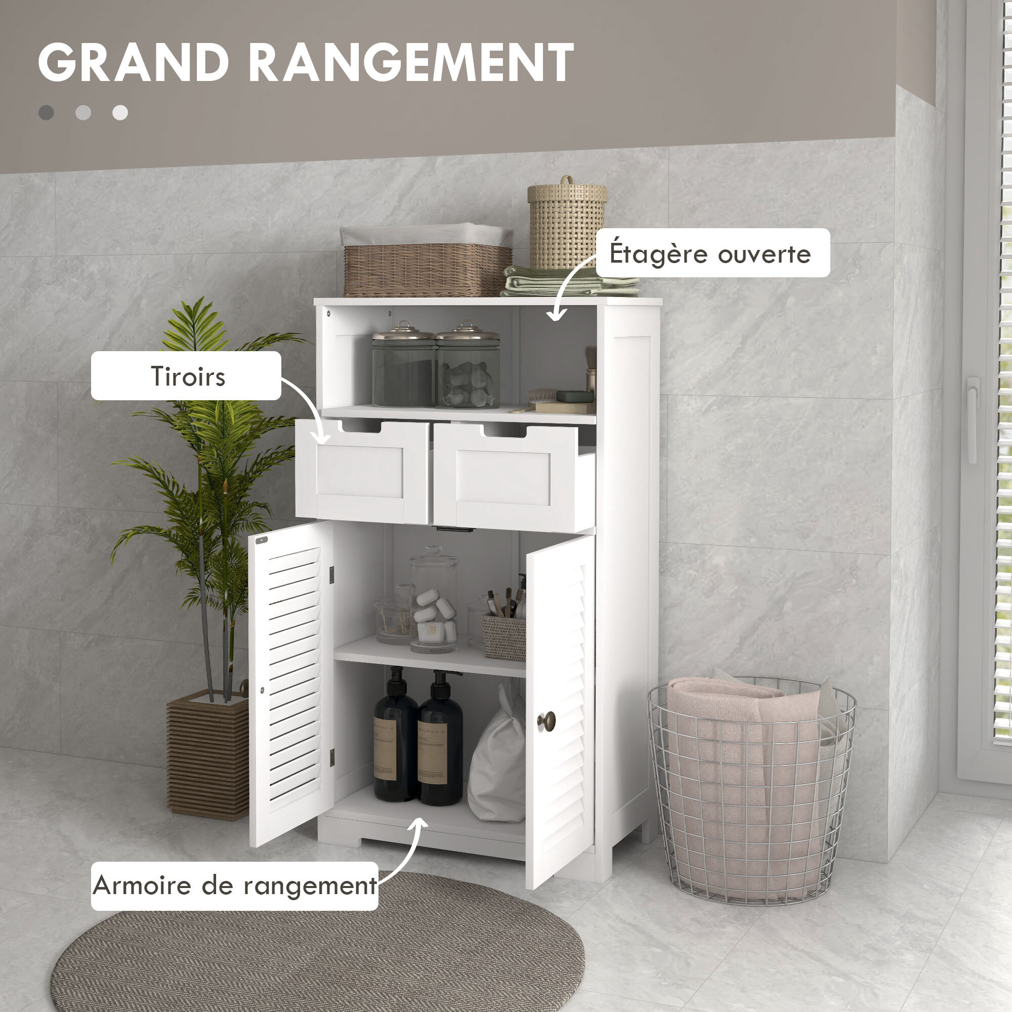 Meuble de salle de bain sur pied 2 portes persiennes 2 tiroirs niche blanc