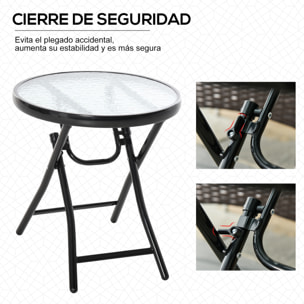 Mesa de Vidrio Redonda Plegable Mesa de Jardín con Hebilla de Seguridad Borde Cubierto de Metal Patio Interior y Exterior Ø45x50 cm Negro