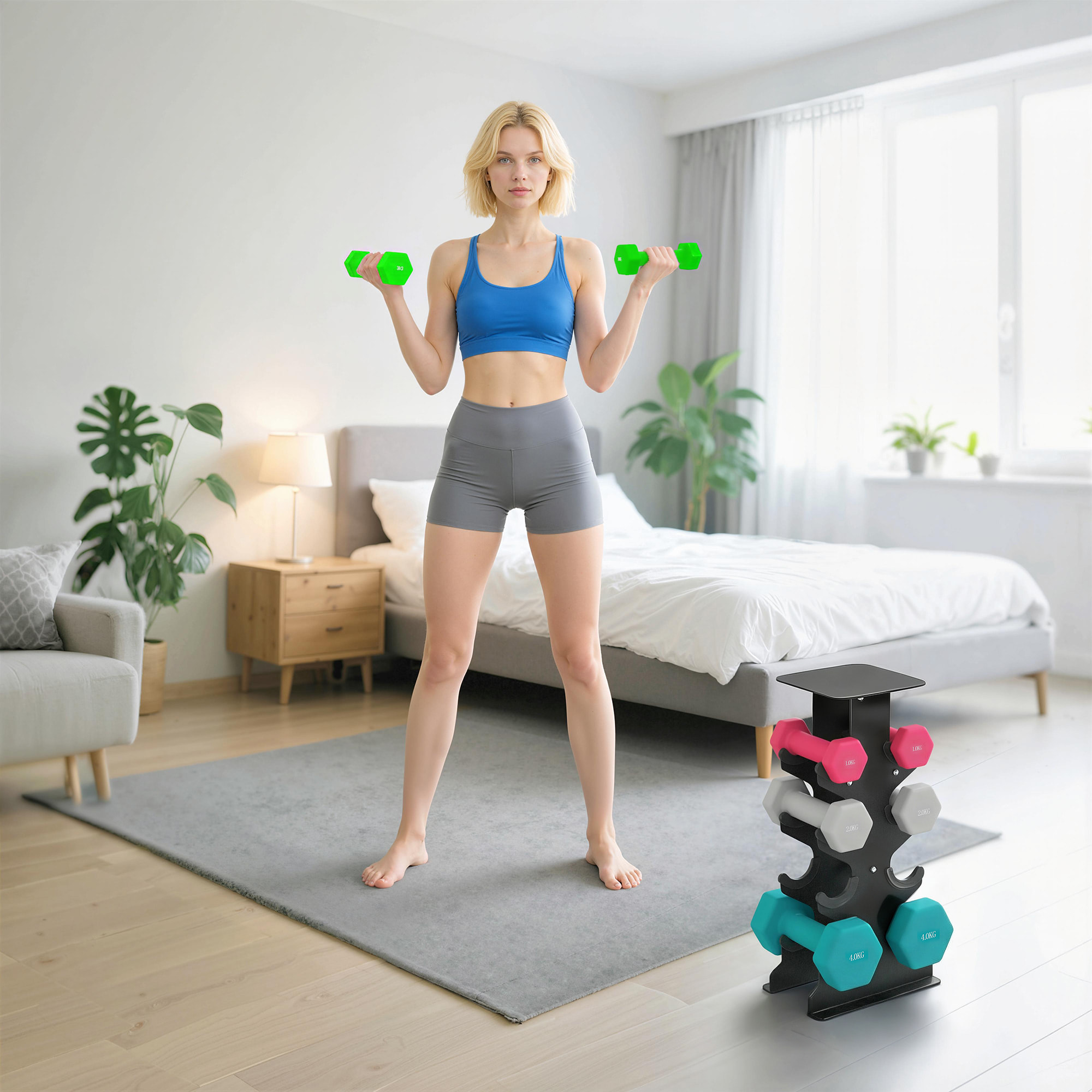Juego de Mancuernas de 8 Piezas 20 kg, Mancuernas Hexagonales 2x1kg, 2x2kg, 2x3kg, 2x4kg, con Soporte de Almacenamiento y Mango Recto para Entrenamiento de Fuerza en Casa Gimnasio, Multicolor