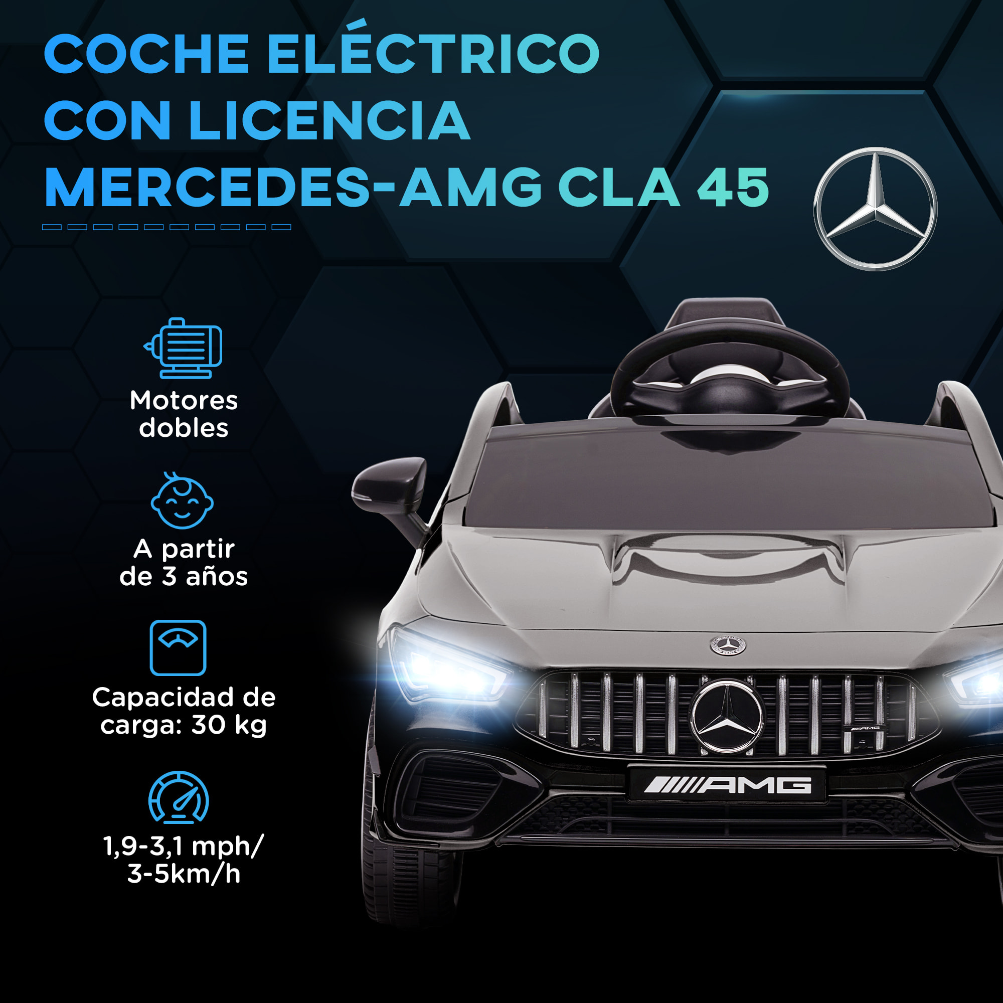 Coche Eléctrico para Niños de +3 Años Mercedes-AMG CLA 45 Carro Eléctrico Infantil con Batería 12V Mando a Distancia Faros LED Bocina Música y Ruedas Auxiliares Negro