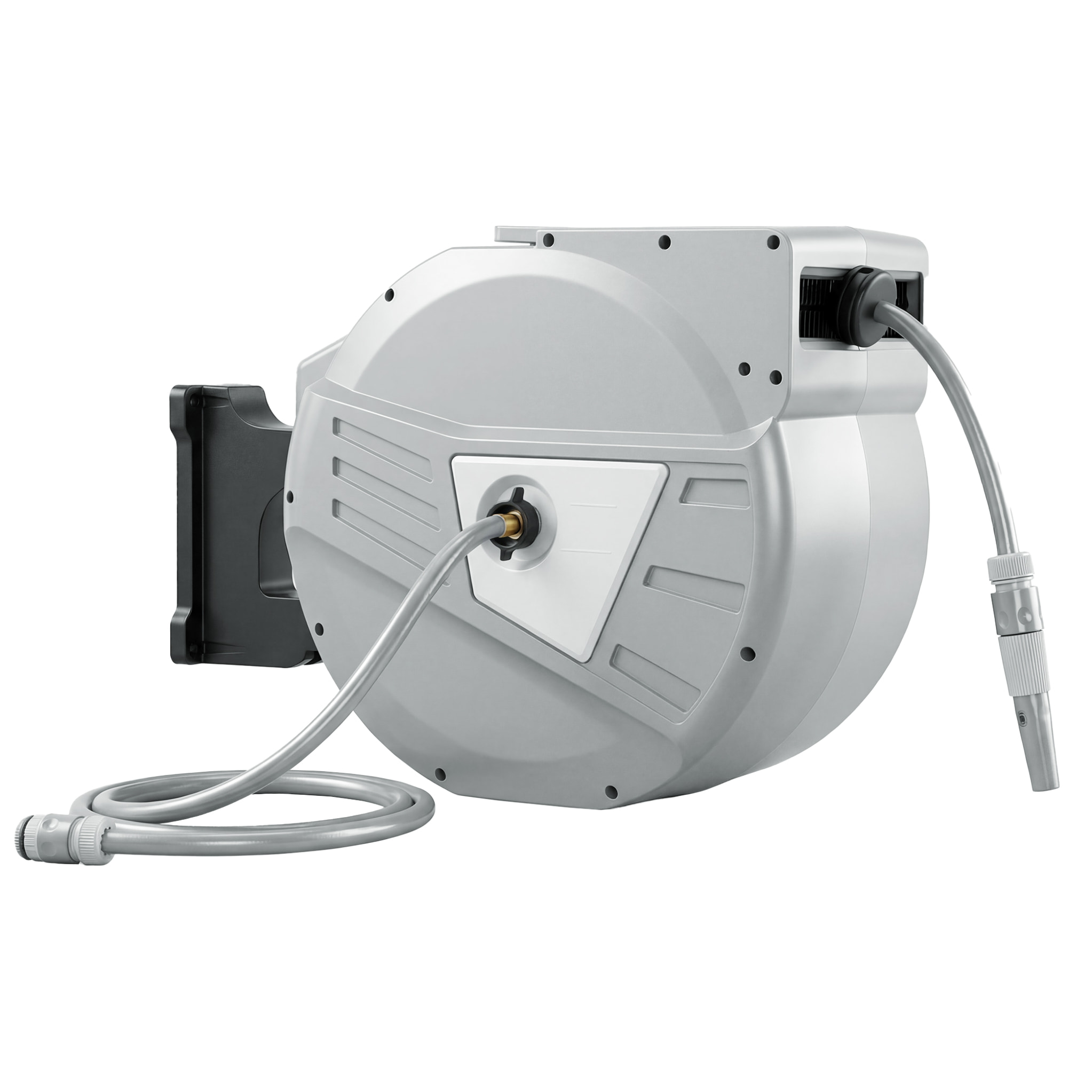 Dévidoir mural enrouleur automatique pivotant 180° tuyau 40 + 2 m avec lance arrosage 2 modes support mural intégré gris clair