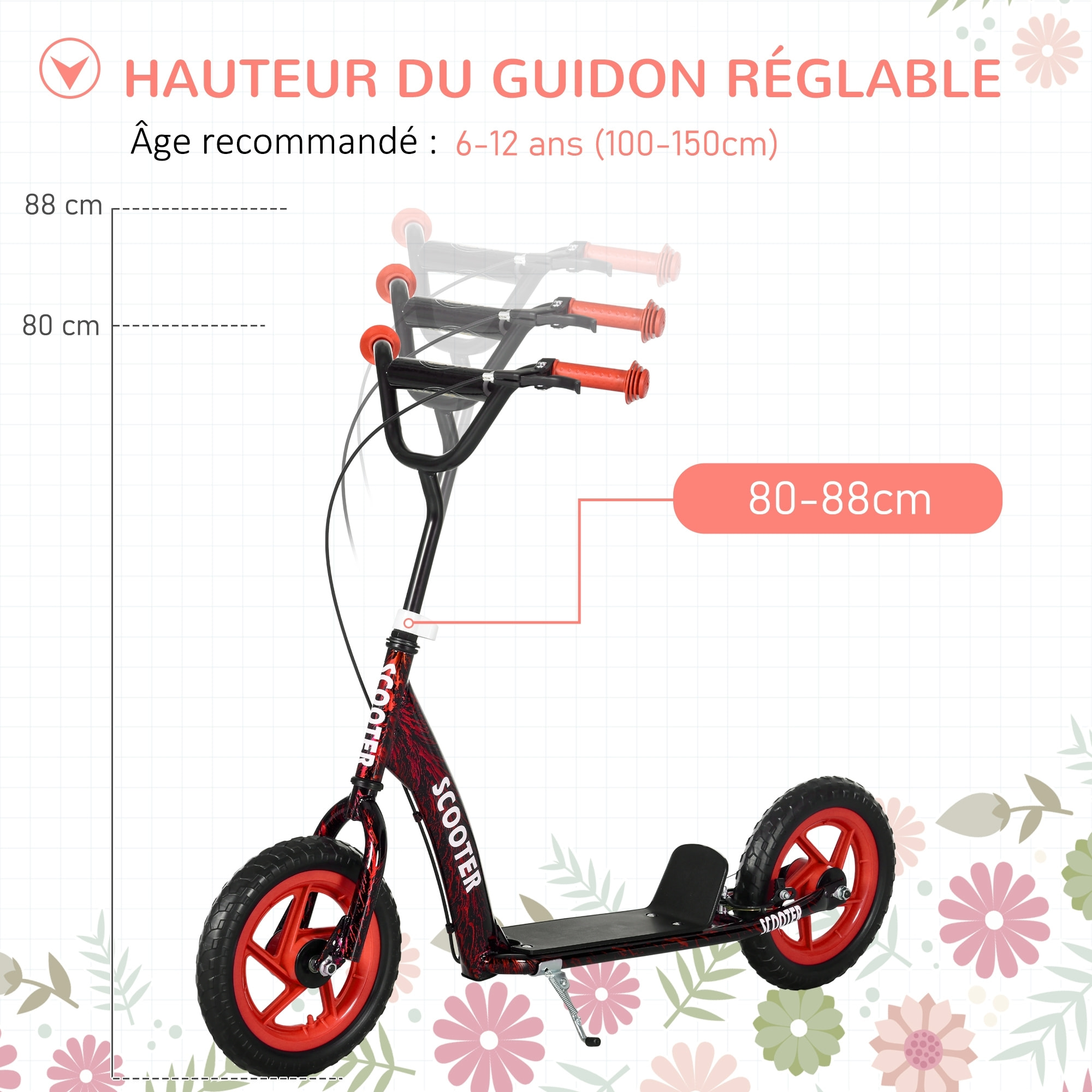 Trottinette patinette enfant à partir de 6 ans roues 30 cm guidon réglable poignée frein et béquille acier rouge