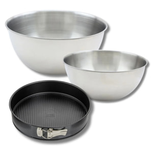 Lot comprenant 1 Moule à manqué 24 cm, 1 spatule Zenker et 2 bols à mixer en inox Fackelmann