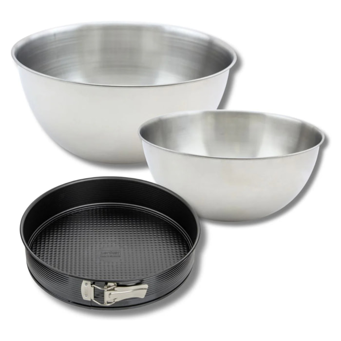 Lot comprenant 1 Moule à manqué 24 cm, 1 spatule Zenker et 2 bols à mixer en inox Fackelmann