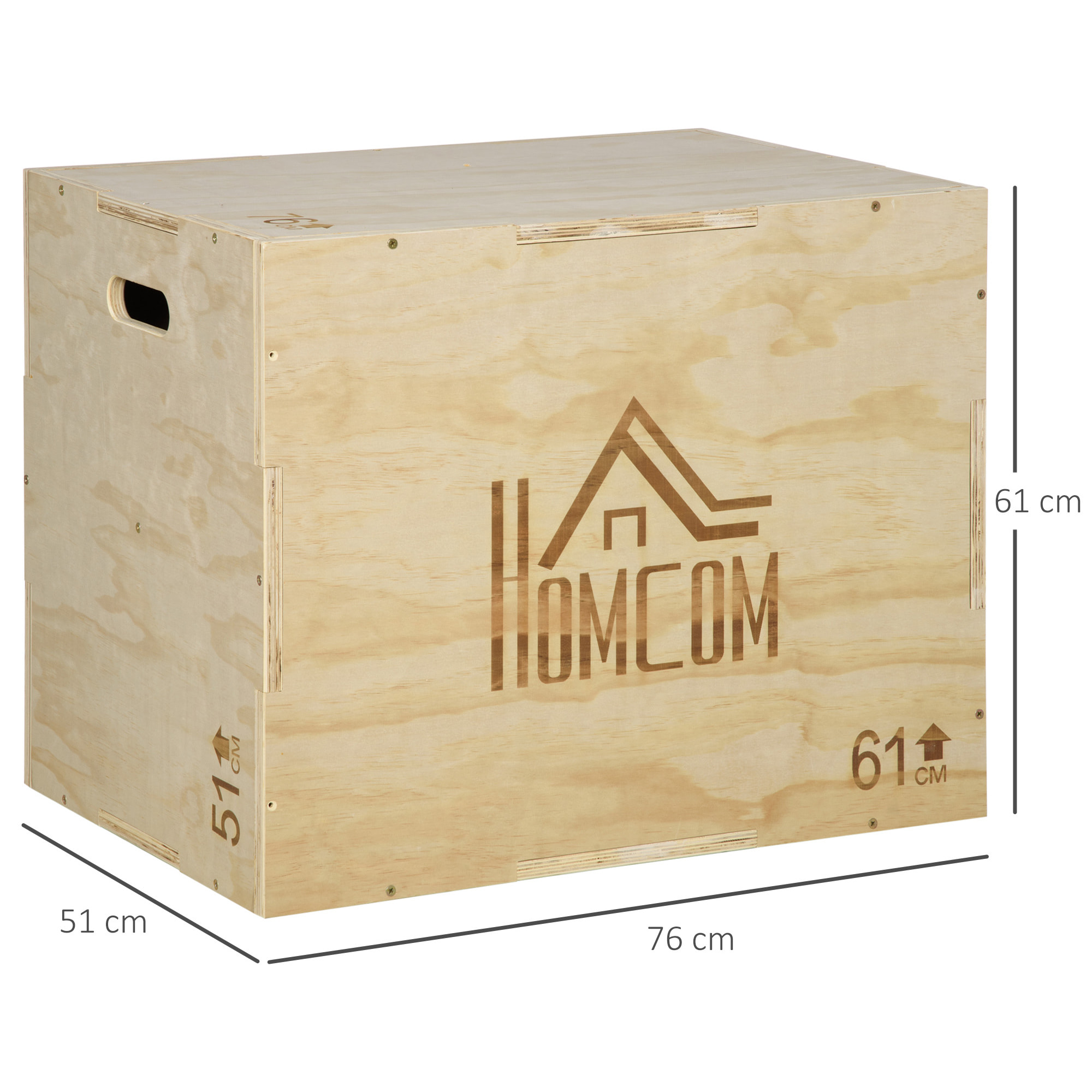 Caja Pliométrica de Madera 3 en 1 Caja de Salto con 2 Mango Hueco Entrenamiento de Fuerza en Casa Oficina Gimnasia CrossFit Carga 120 kg 61x51x76 cm Madera Natural