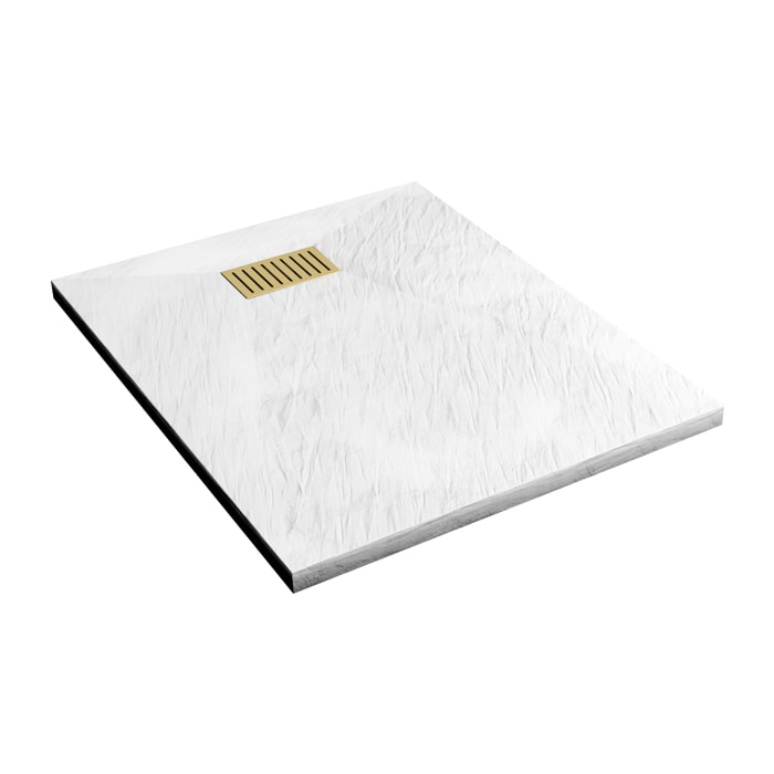 Receveur de douche Blanc Effet Pierre 80x100 cm et Grille décor Linéaire Or Doré Brossé