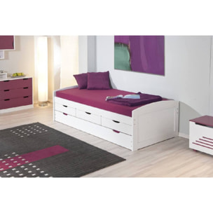 Letto singolo con letto estraibile inferiore e tre cassetti, colore bianco, cm 98 x 63 x 195