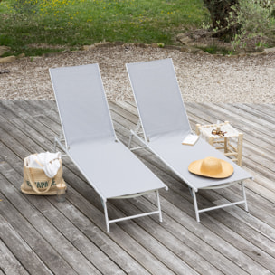 Lot de 2 bains de soleil pliants SICILIA en textilène gris - structure blanche