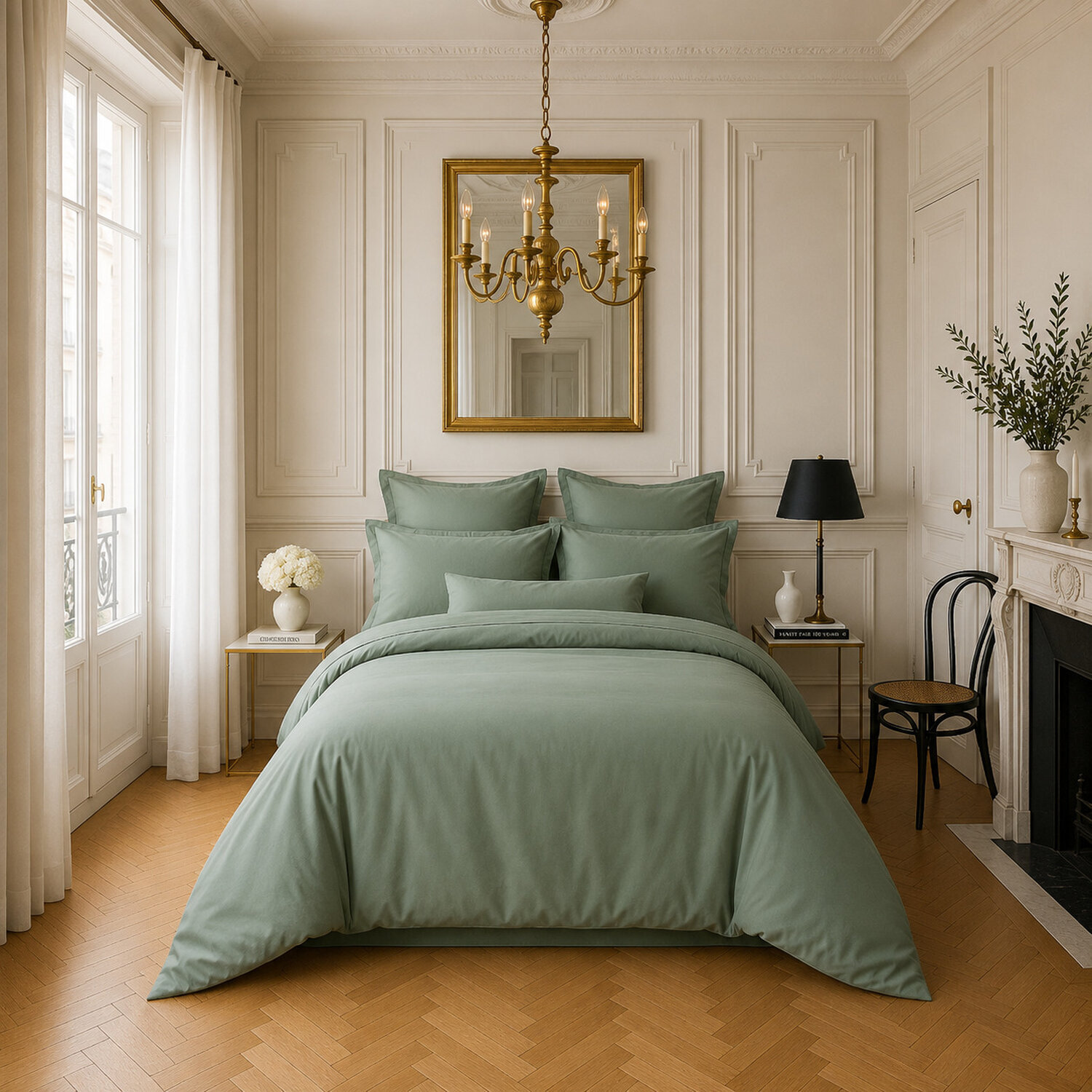 Housse de couette satin de coton lavé vert celadon