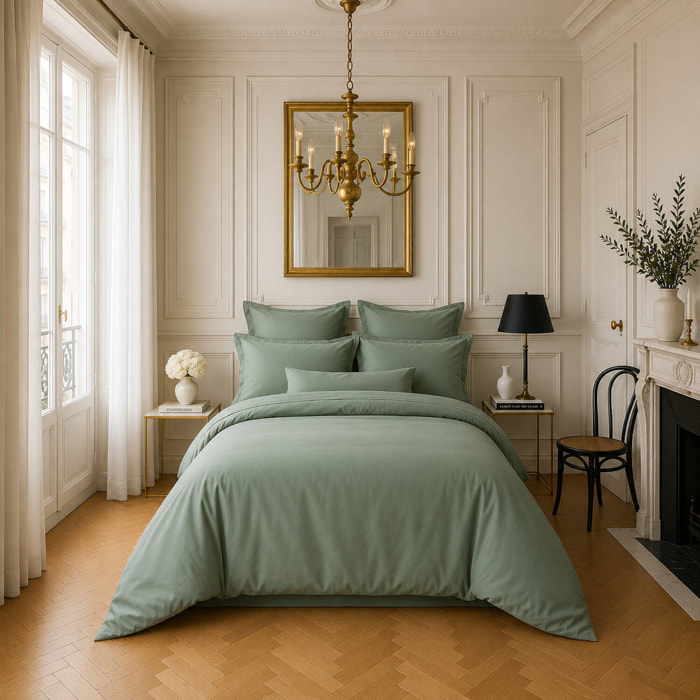 Housse de couette satin de coton lavé vert celadon