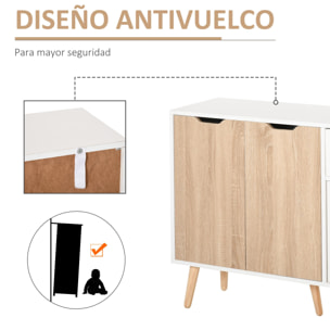 Aparador Auxiliar Mueble de Almacenaje de Salón con 2 Armarios con Puertas y Cajón de Madera para Sala de Estar Cocina Dormitorio 90x30x72 cm Blanco y Natural