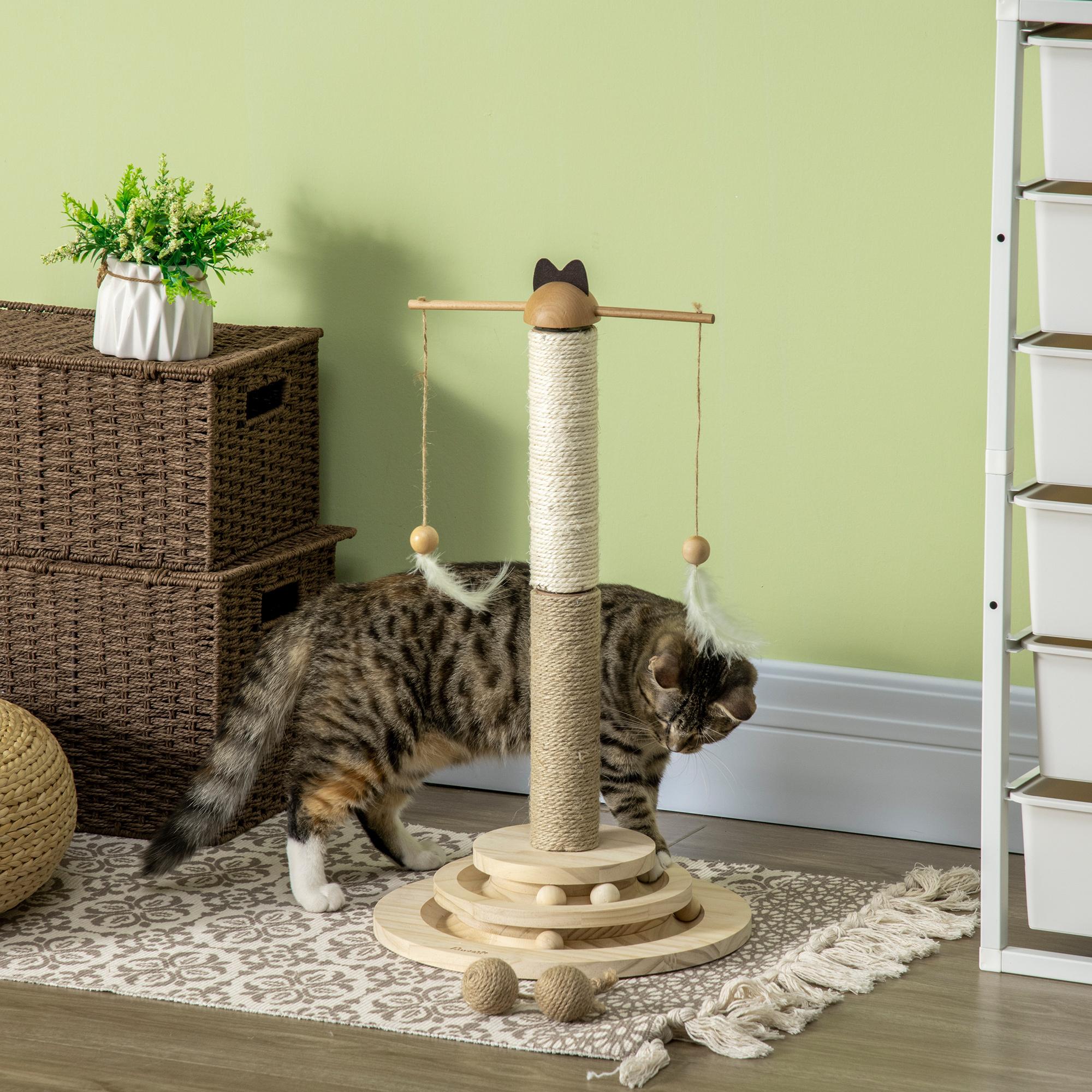 Árbol Rascador para Gatos de Madera Altura 56 cm Torre para Gatos Centro de Actividades para Gatitos con Poste de Yute y Sisal Bolas para Jugar Ø32x56 cm Natural