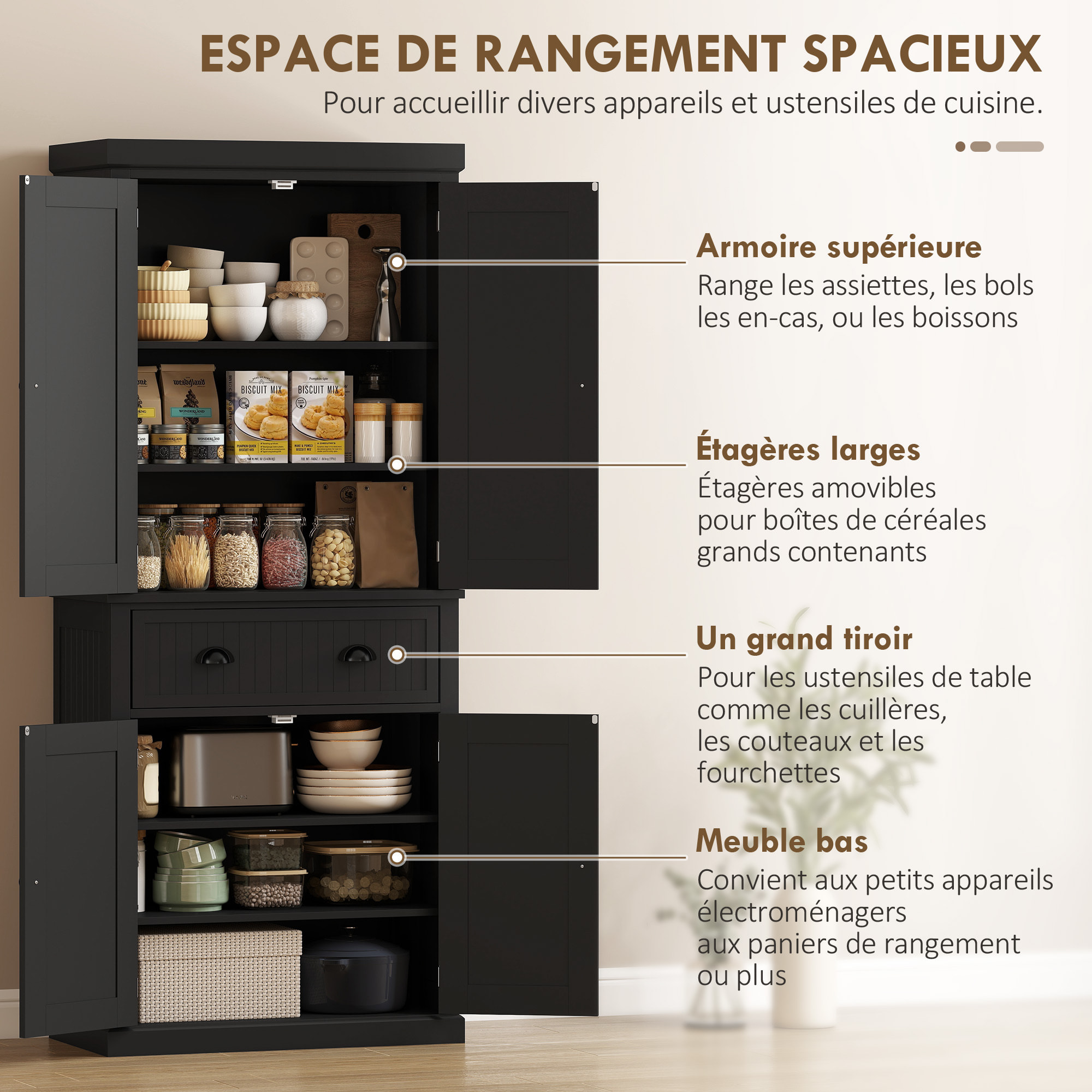 Buffet haut multi-rangement - 4 portes, grand tiroir - dim. 76L x 40l x 183H cm - noir