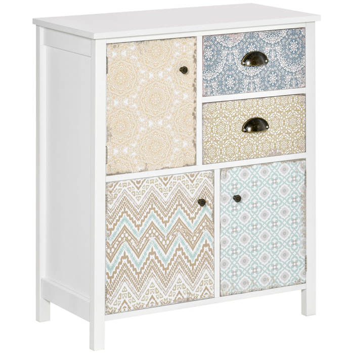Cómoda con 2 Cajones Cómoda para Dormitorio Estilo Bohemio con 3 Compartimentos Diseño Anti-vuelco para Salón Pasillo 68x34x80 cm Blanco