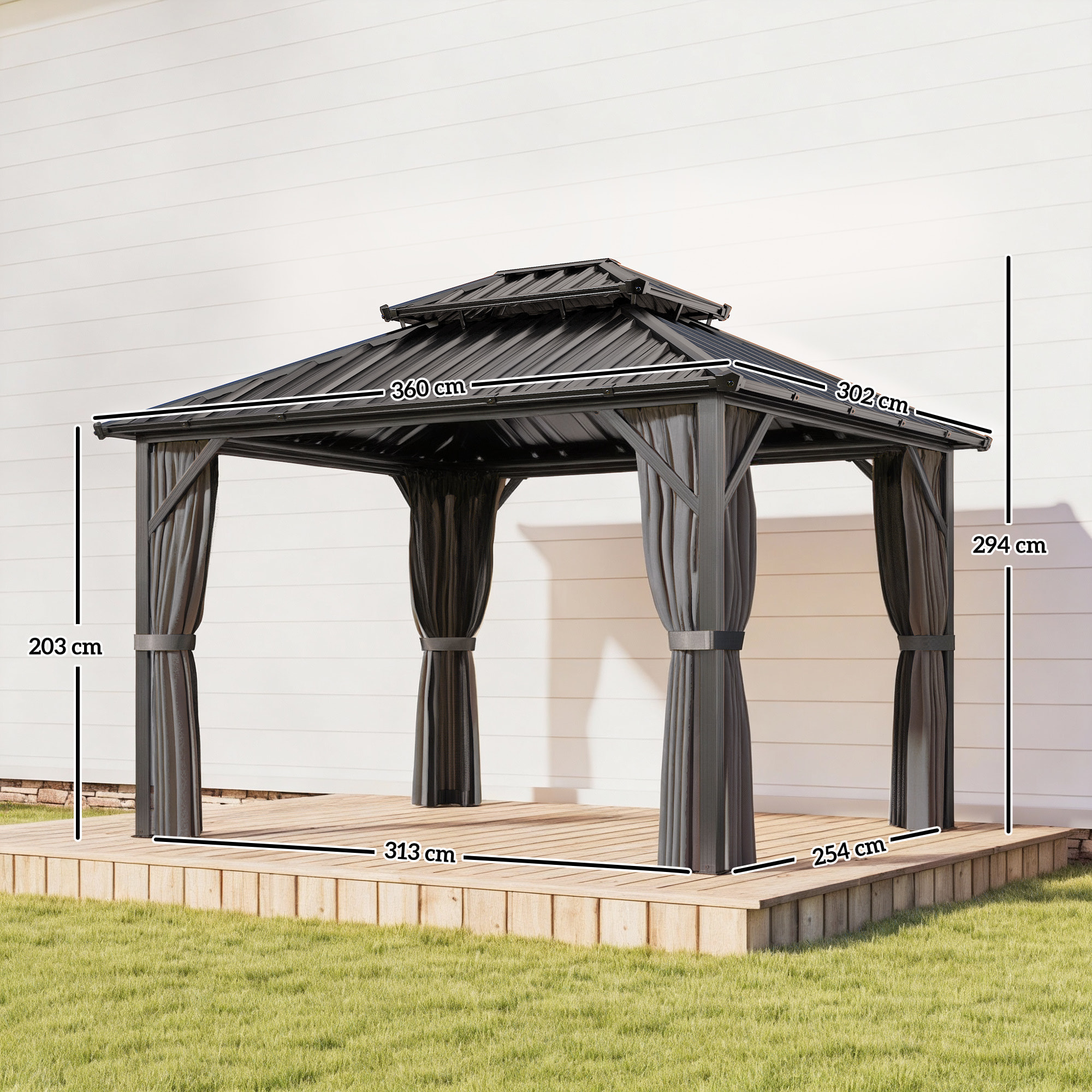 Pavillon de jardin  toit rigide - rideaux et moustiquaire - alu et acier - 3x3,6m - gris foncé