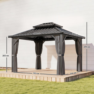Pavillon de jardin  toit rigide - rideaux et moustiquaire - alu et acier - 3x3,6m - gris foncé