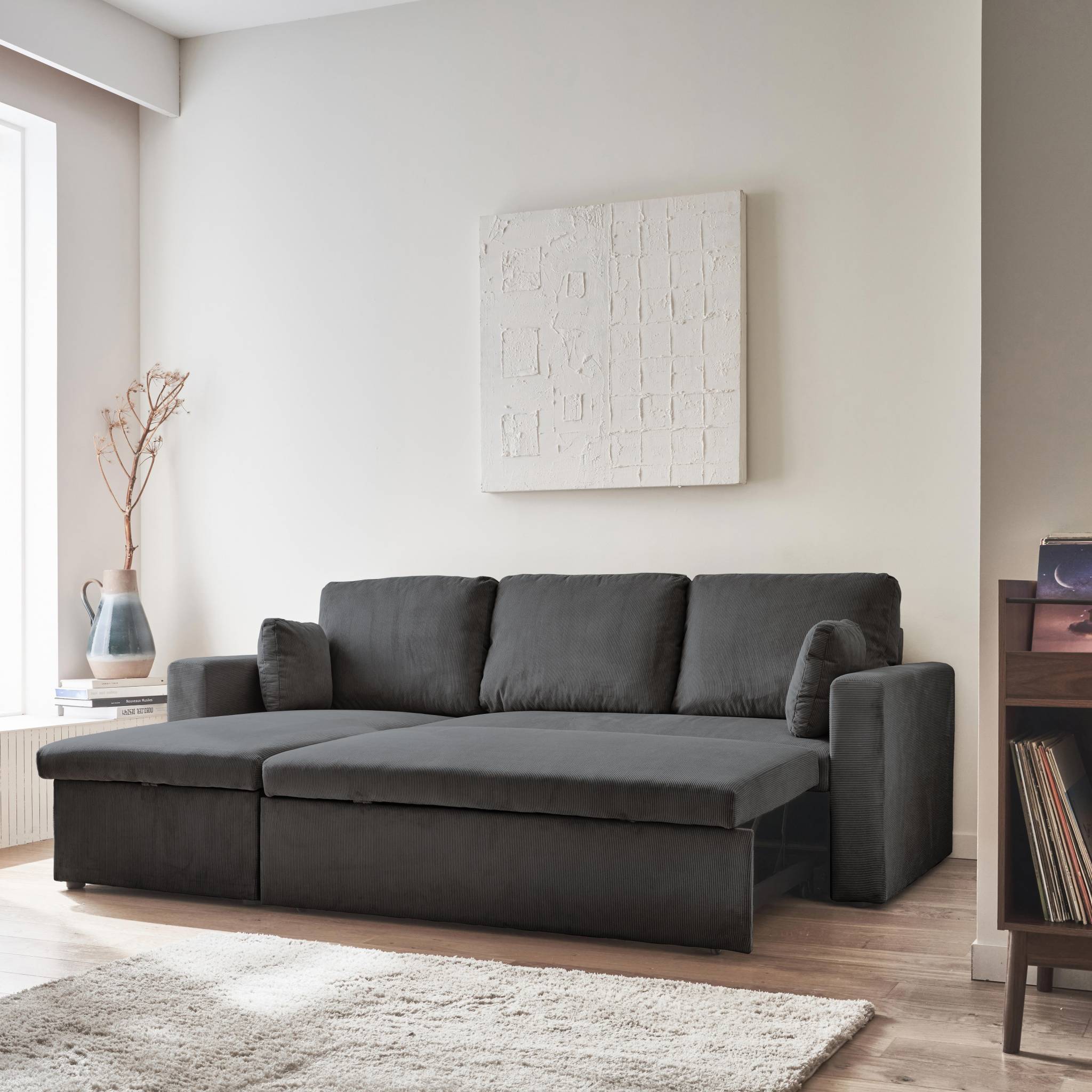 Canapé d'angle convertible en velours côtelé gris foncé  - IDA - 3 places. fauteuil d'angle réversible coffre rangement lit modulable