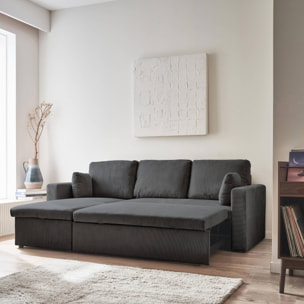 Canapé d'angle convertible en velours côtelé gris foncé  - IDA - 3 places. fauteuil d'angle réversible coffre rangement lit modulable