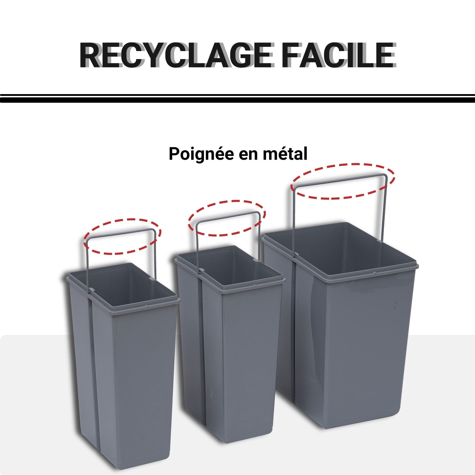 Poubelle de tri coulissante - 3 bacs amovibles avec poignée - 2 x 10L et 1 x 20L - métal PP gris