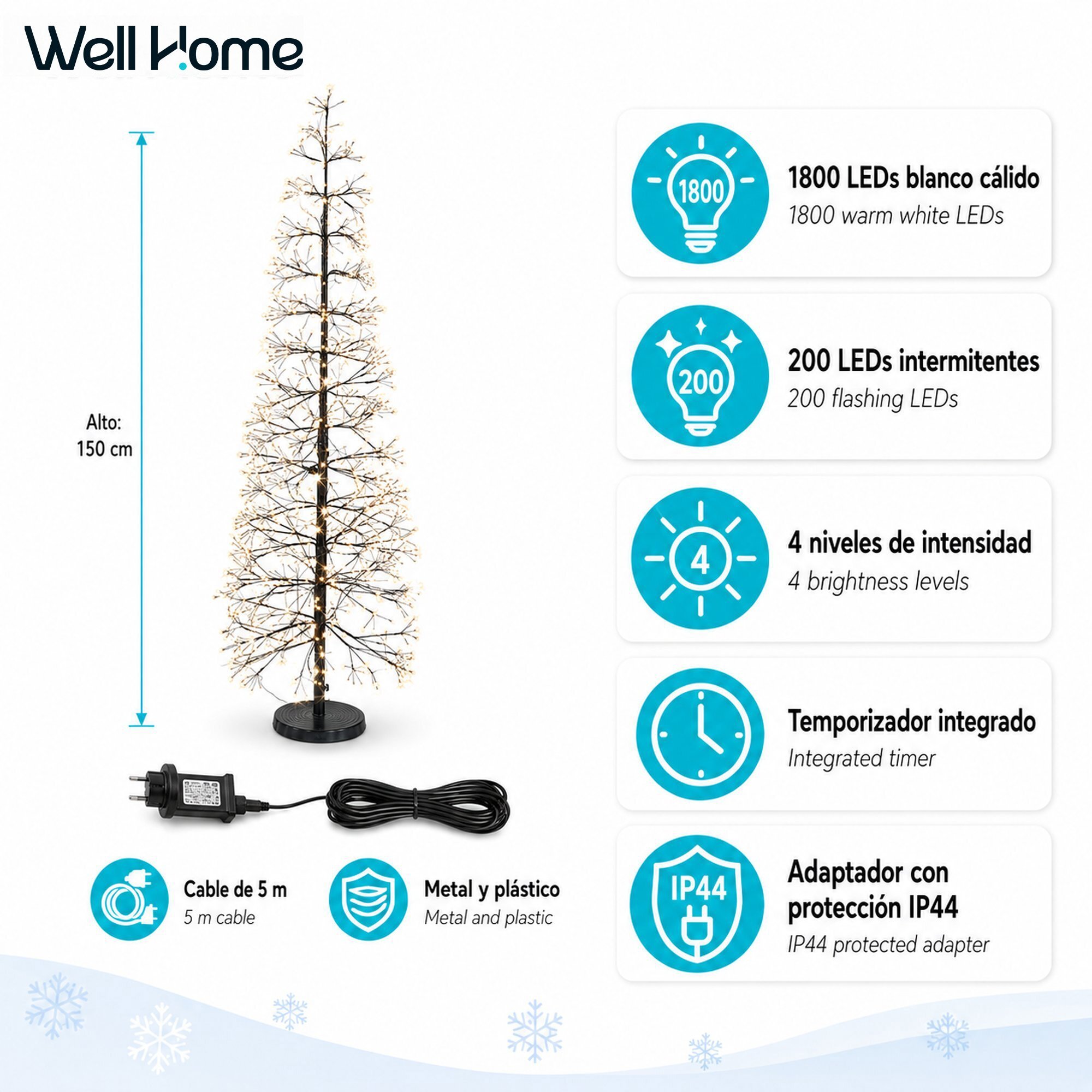 Árbol luminoso led 150 cm con ramas decorativas con 1800 leds blanco cálido con efecto intermitente